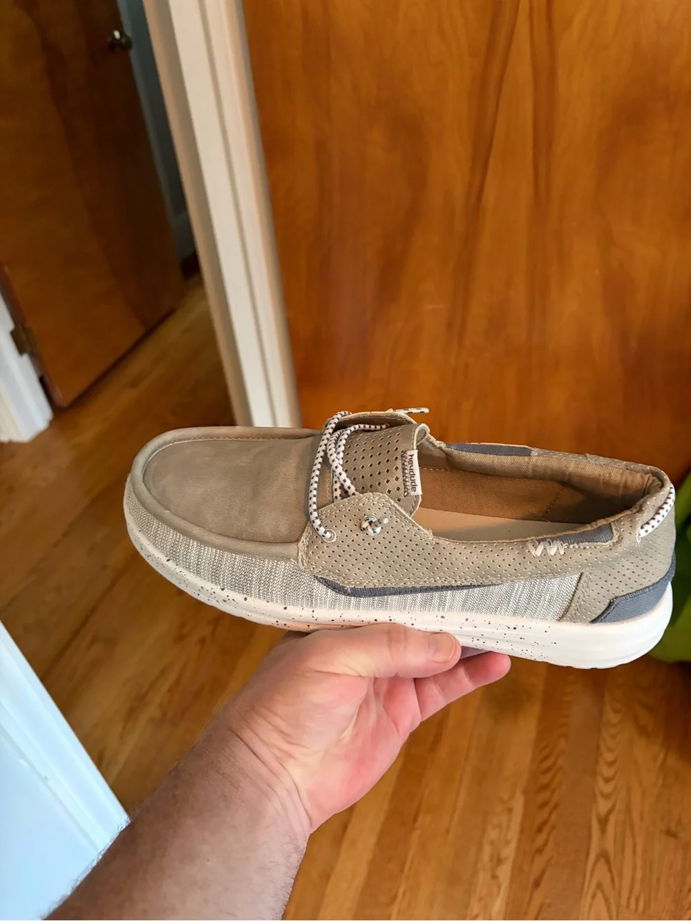 Hey Dude Men's Slip-On Loafer in Taupe with White Sole
